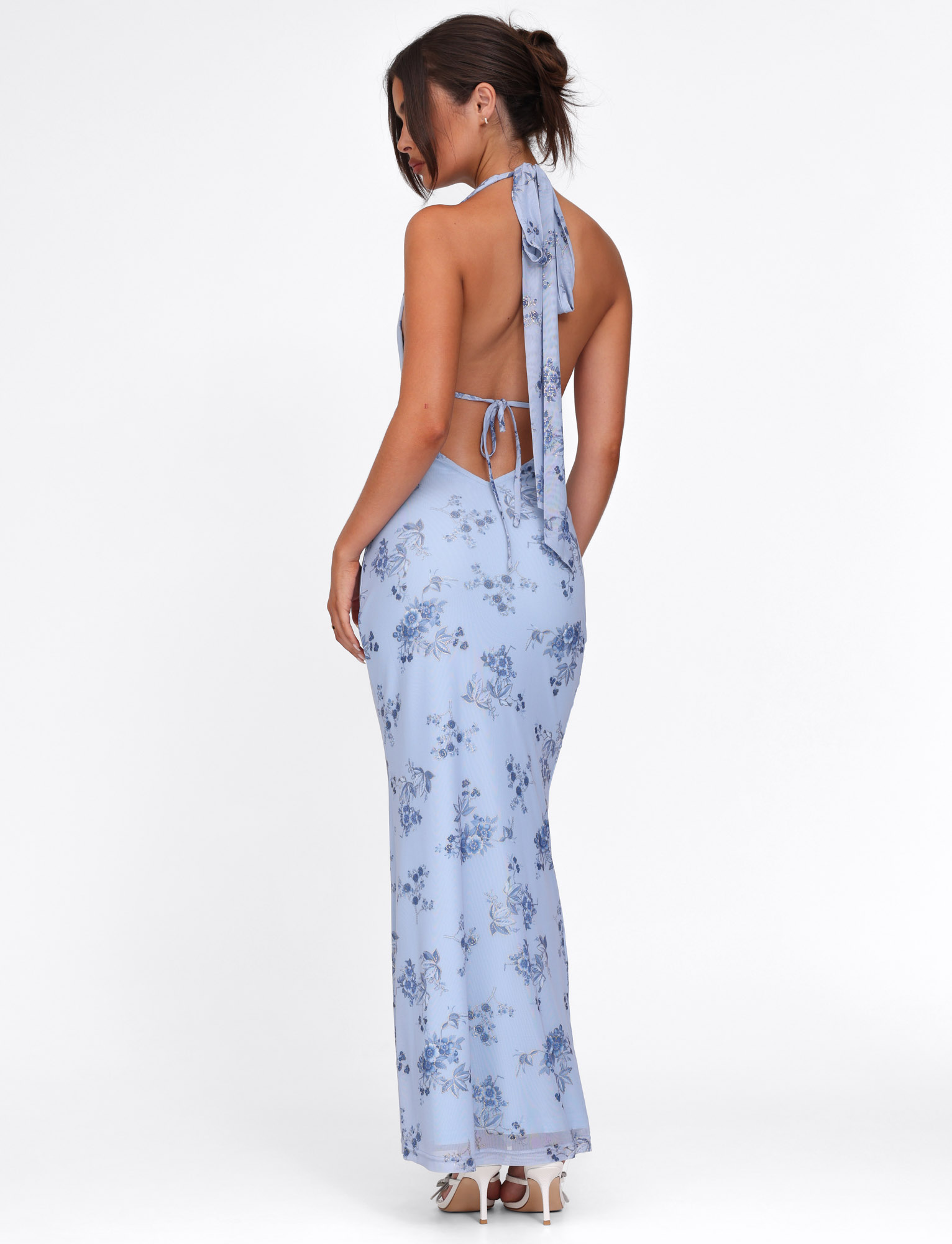 Floral Print Halter Neck Plunging Column Maxi Dress