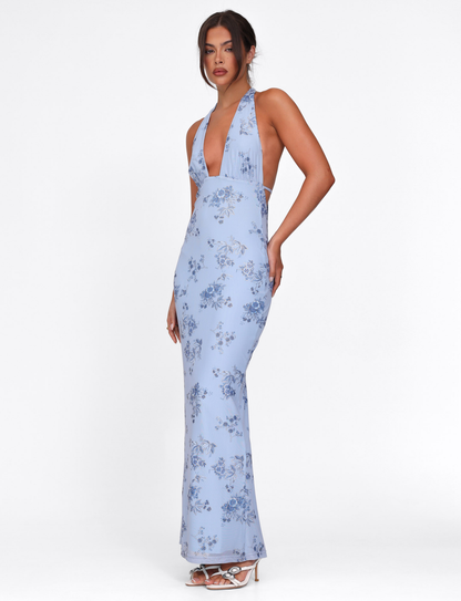 Floral Print Halter Neck Plunging Column Maxi Dress