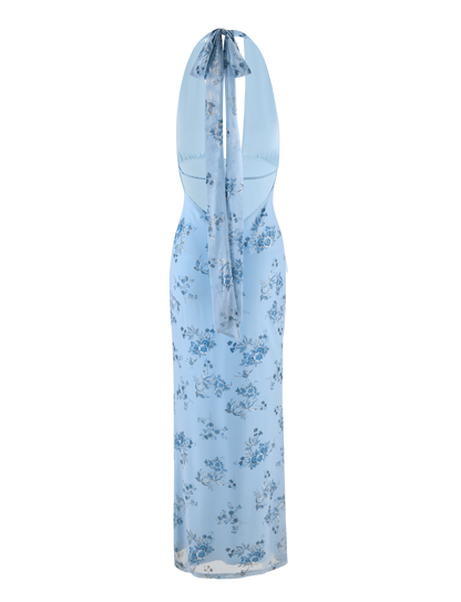 Floral Print Halter Neck Plunging Column Maxi Dress