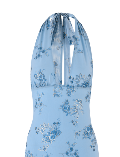 Floral Print Halter Neck Plunging Column Maxi Dress