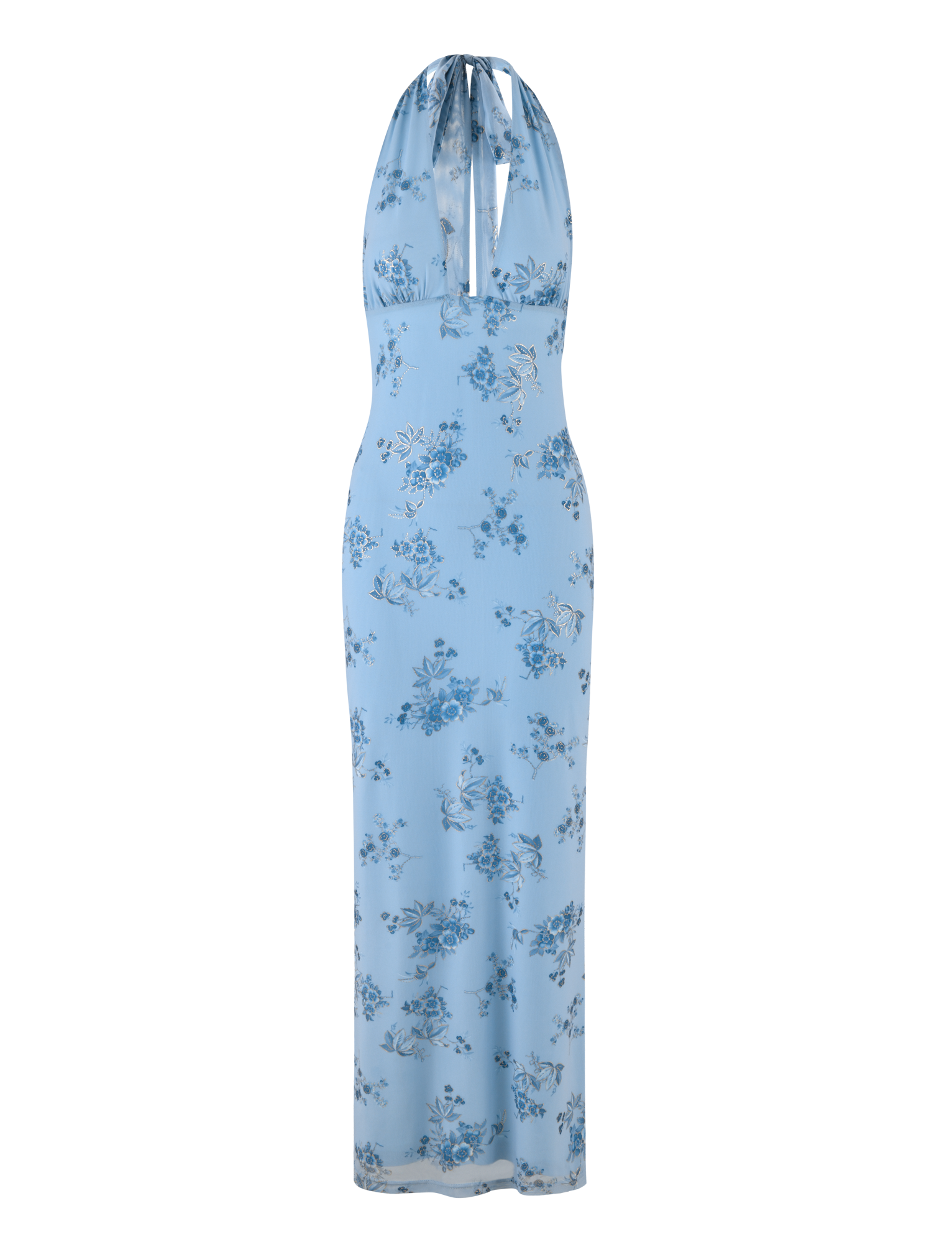 Floral Print Halter Neck Plunging Column Maxi Dress