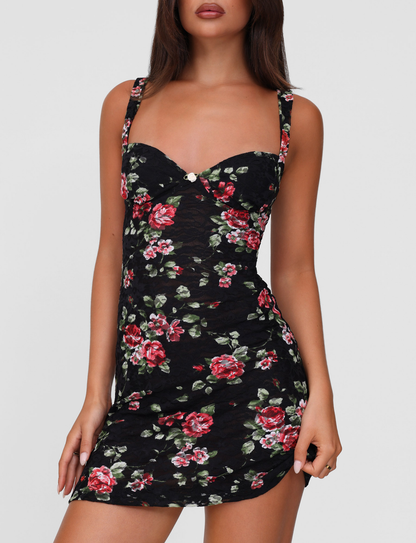 Floral Lace Sweetheart Neck Wide Strap Ruched Bodycon Mini Dress