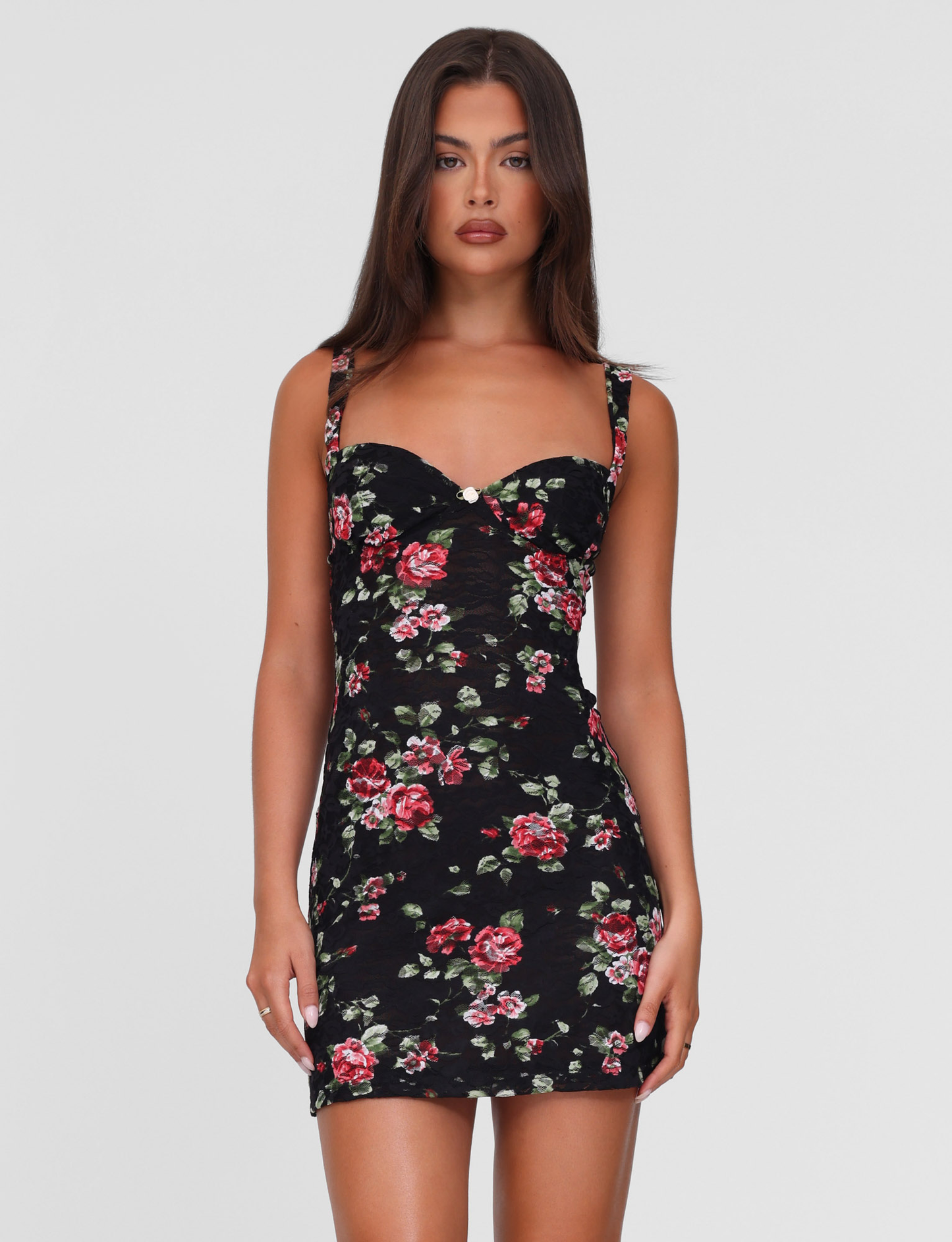 Floral Lace Sweetheart Neck Wide Strap Ruched Bodycon Mini Dress