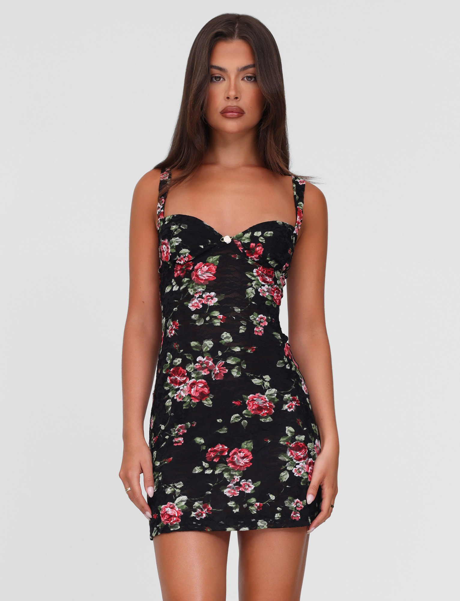 Floral Lace Sweetheart Neck Wide Strap Ruched Bodycon Mini Dress