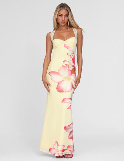Floral Print Lace Strap Sweetheart Bustier Maxi Dress
