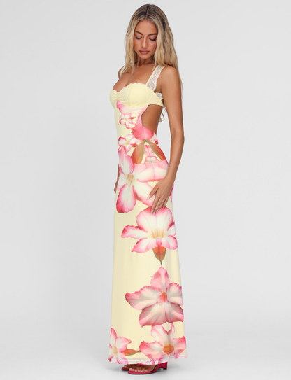 Floral Print Lace Strap Sweetheart Bustier Maxi Dress
