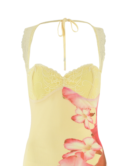 Floral Print Lace Strap Sweetheart Bustier Maxi Dress