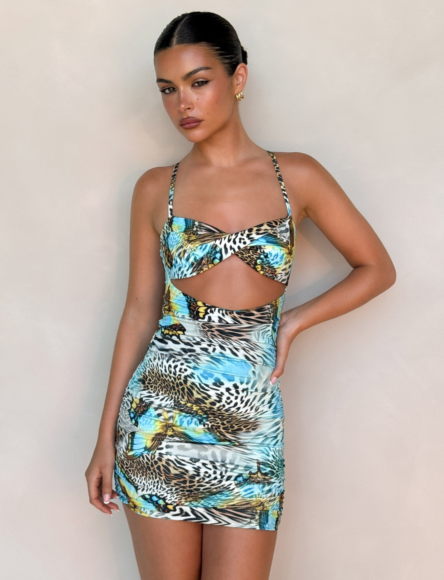 Spaghetti Strap Twist Front Cutout Ruched Butterfly Mixed Print Bodycon Mini Dress