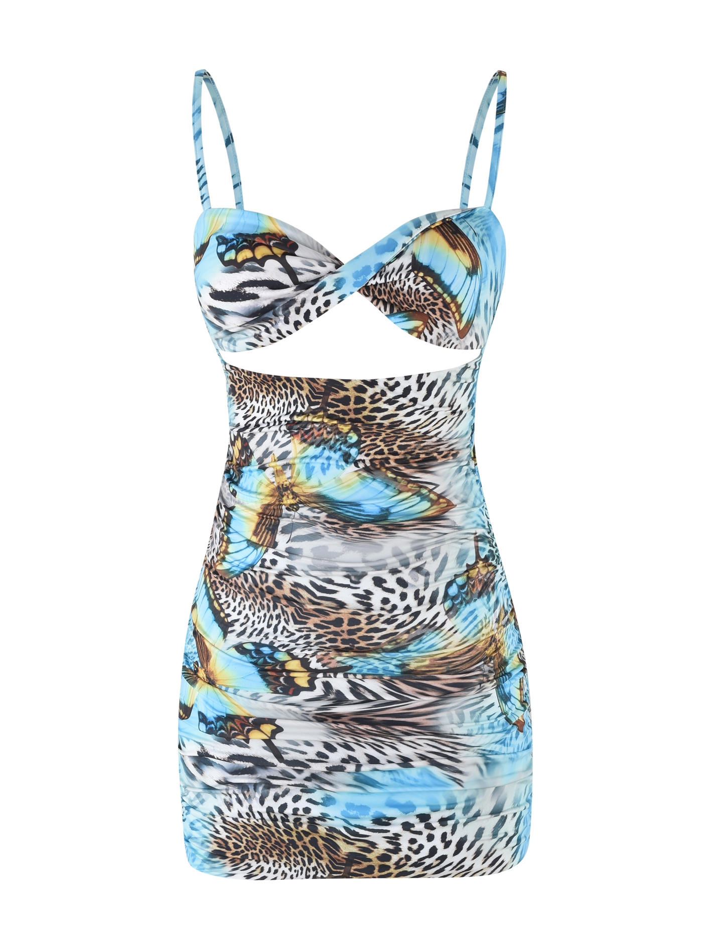 Spaghetti Strap Twist Front Cutout Ruched Butterfly Mixed Print Bodycon Mini Dress
