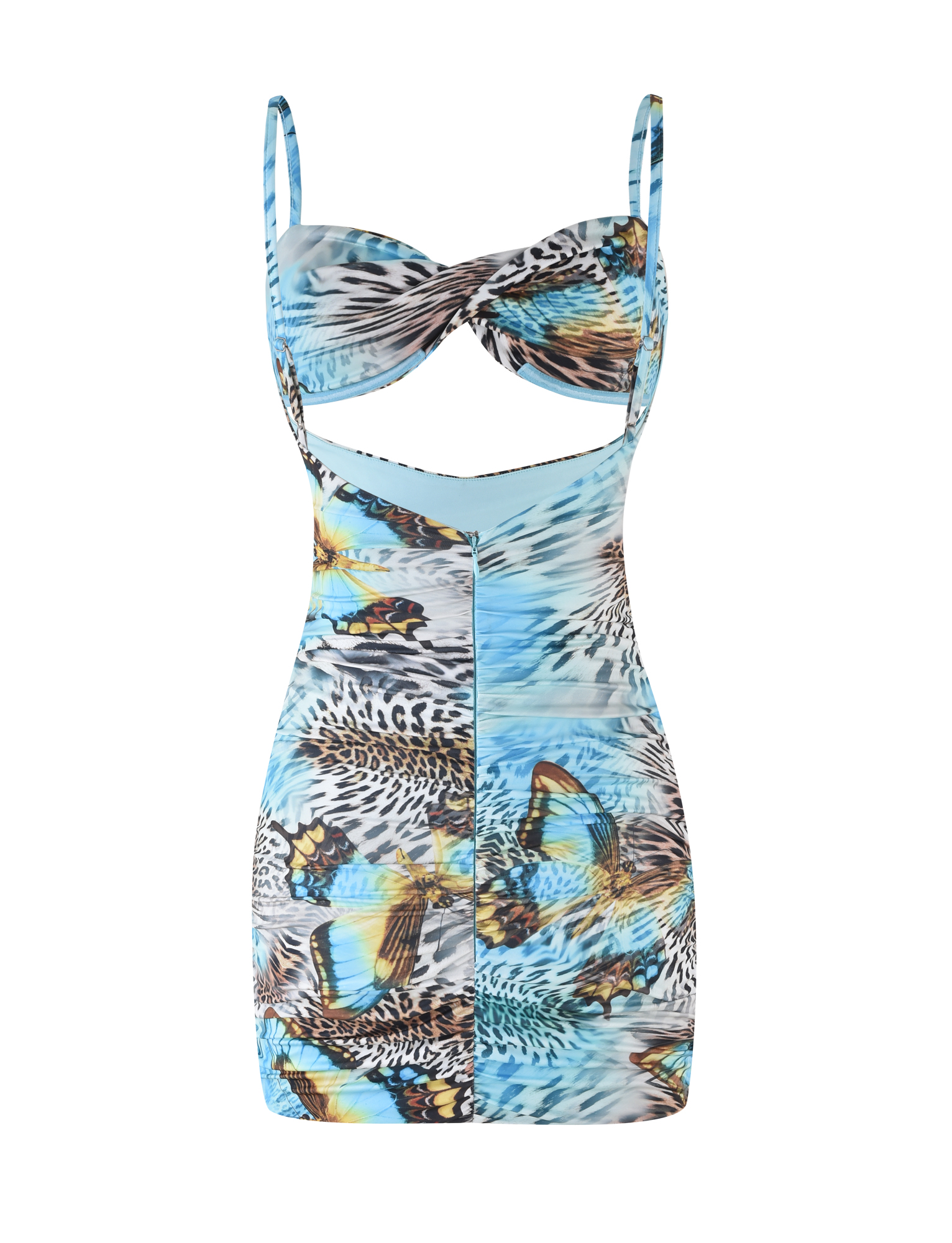 Spaghetti Strap Twist Front Cutout Ruched Butterfly Mixed Print Bodycon Mini Dress