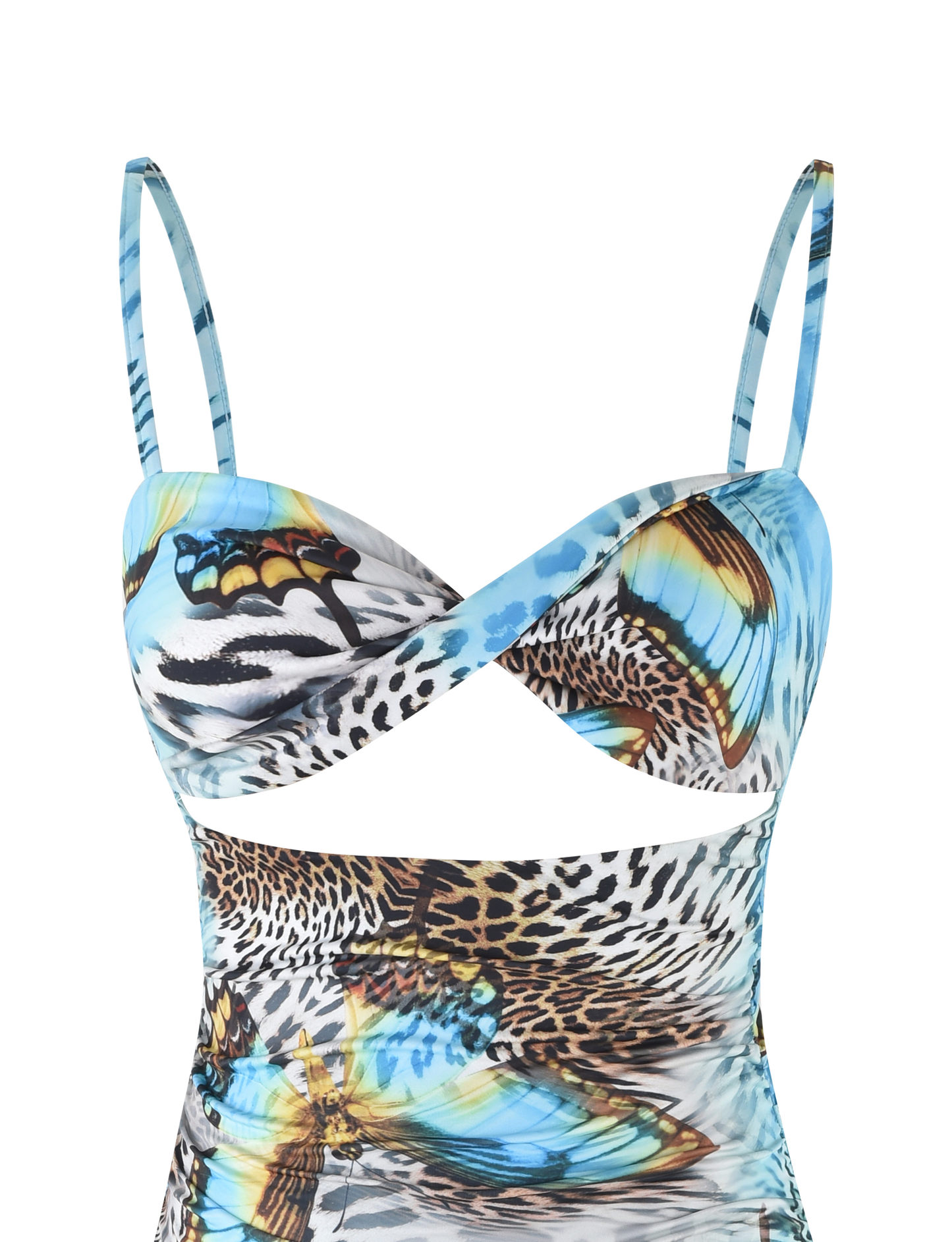 Spaghetti Strap Twist Front Cutout Ruched Butterfly Mixed Print Bodycon Mini Dress