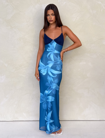 Lily Floral Print V Neck Spaghetti Strap Contrast Bodice Bodycon Maxi Dress