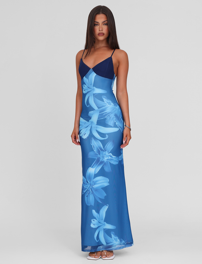 Lily Floral Print V Neck Spaghetti Strap Contrast Bodice Bodycon Maxi Dress