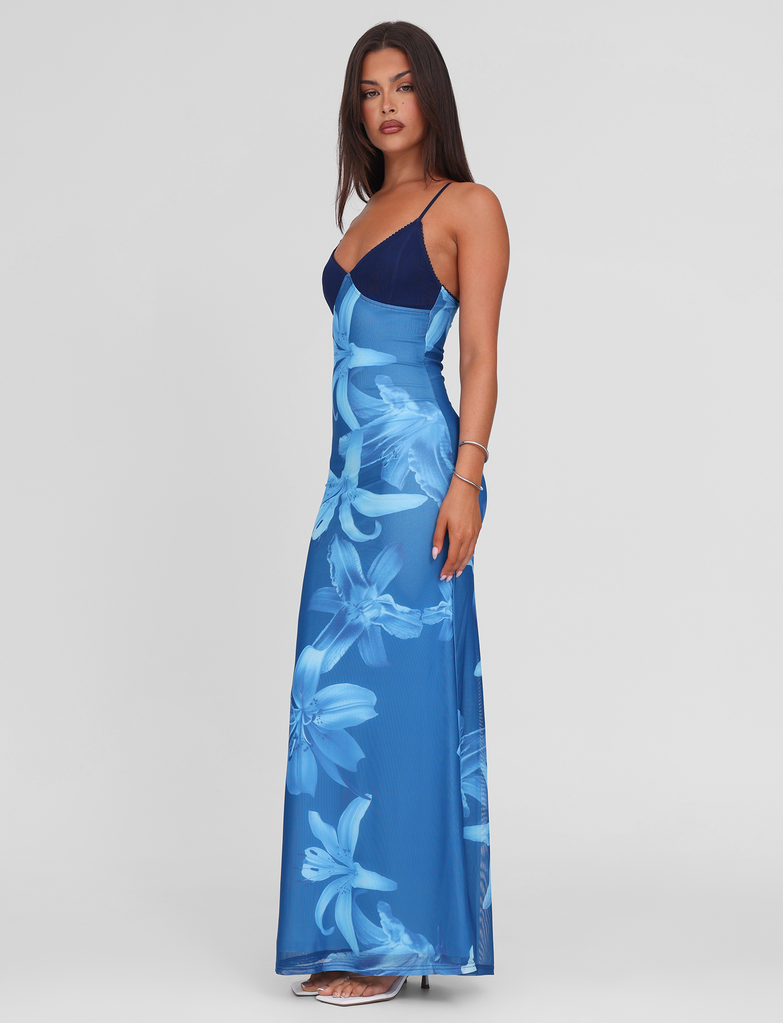 Lily Floral Print V Neck Spaghetti Strap Contrast Bodice Bodycon Maxi Dress