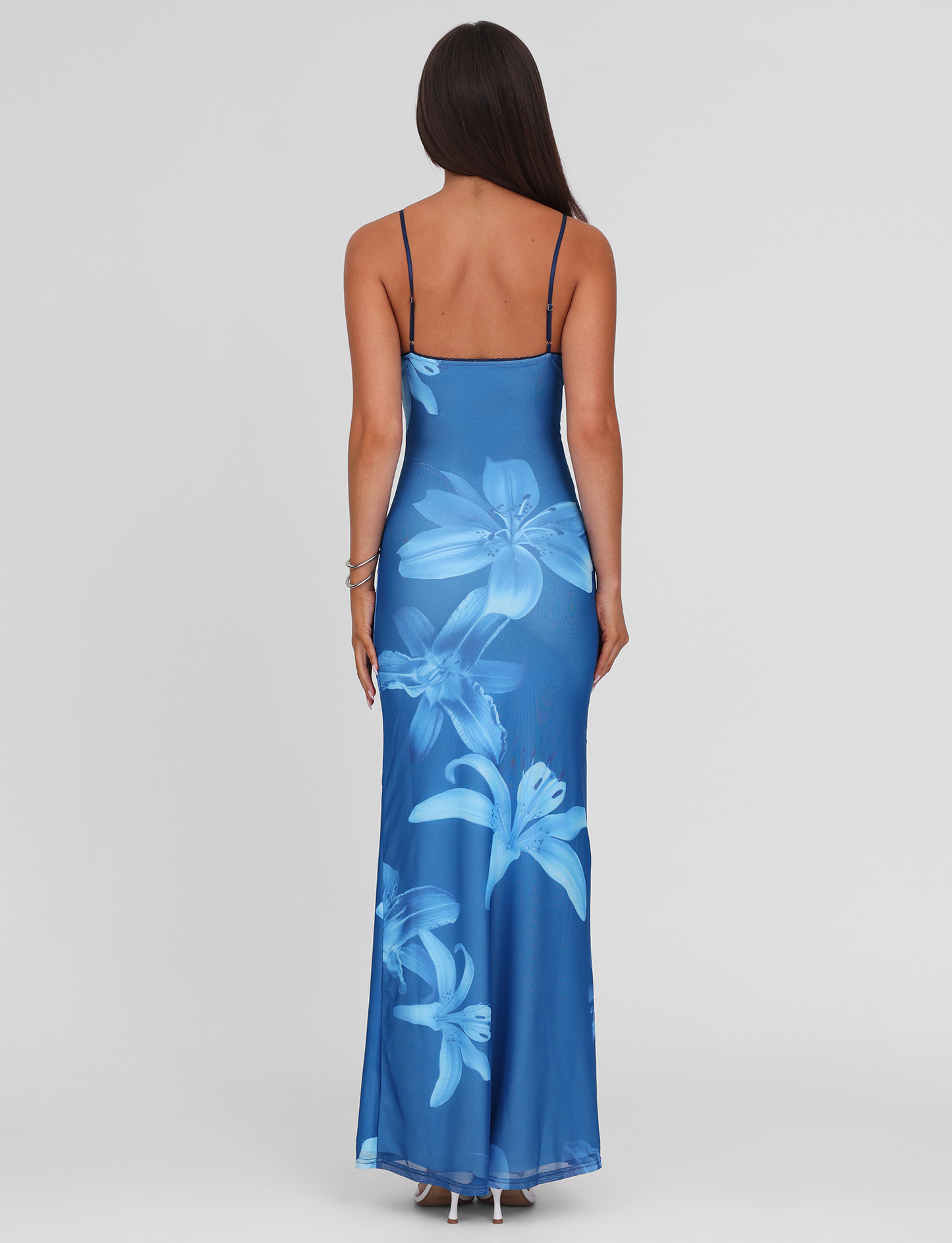 Lily Floral Print V Neck Spaghetti Strap Contrast Bodice Bodycon Maxi Dress