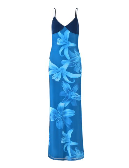 Lily Floral Print V Neck Spaghetti Strap Contrast Bodice Bodycon Maxi Dress