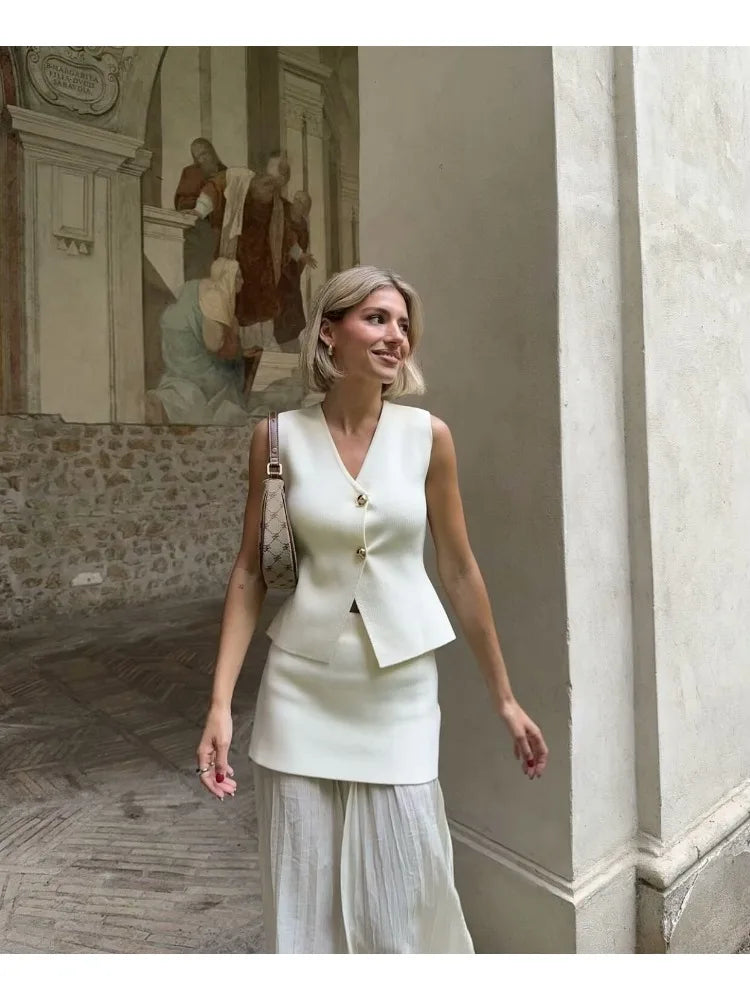 Knitted V-Neck Ankle Skirt Office Two Piece Set