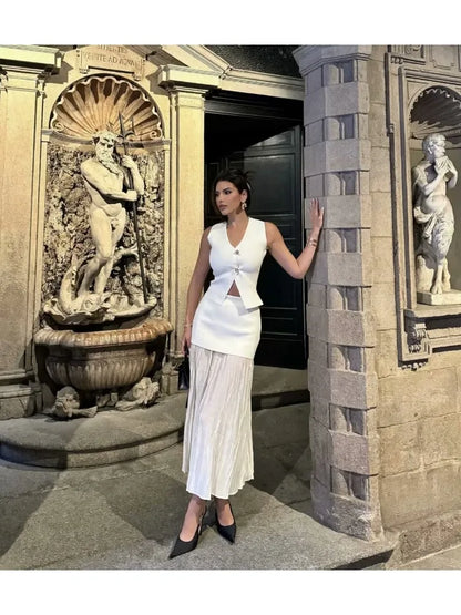 Knitted V-Neck Ankle Skirt Office Two Piece Set