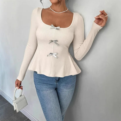 Bow Knit Casual Long Sleeve Ruffled Pullover Slim Knit Top