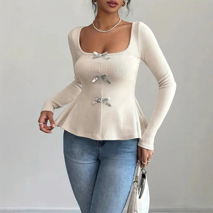 Bow Knit Casual Long Sleeve Ruffled Pullover Slim Knit Top