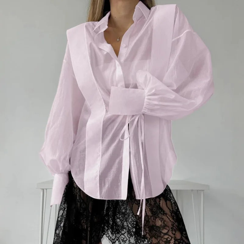 Lace-Up See-Through Casual Blouse