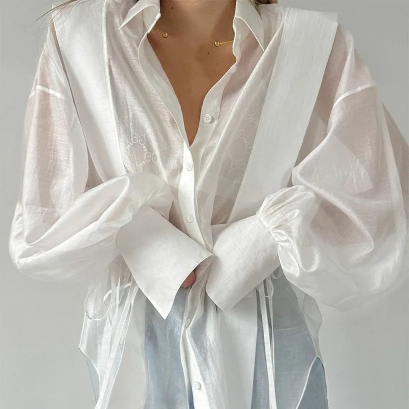 Lace-Up See-Through Casual Blouse