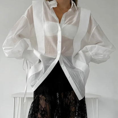 Lace-Up See-Through Casual Blouse