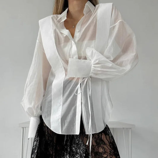 Lace-Up See-Through Casual Blouse