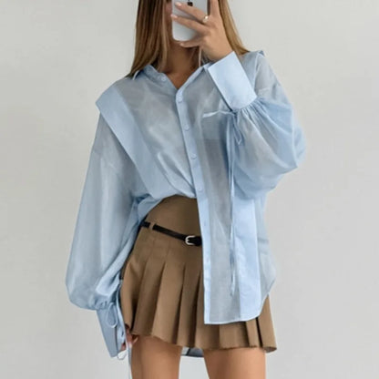 Lace-Up See-Through Casual Blouse