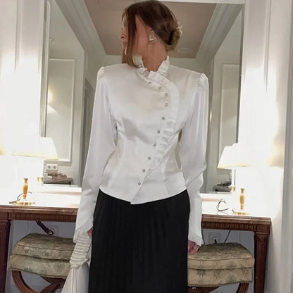 Ruffled White Long Sleeve Blouse