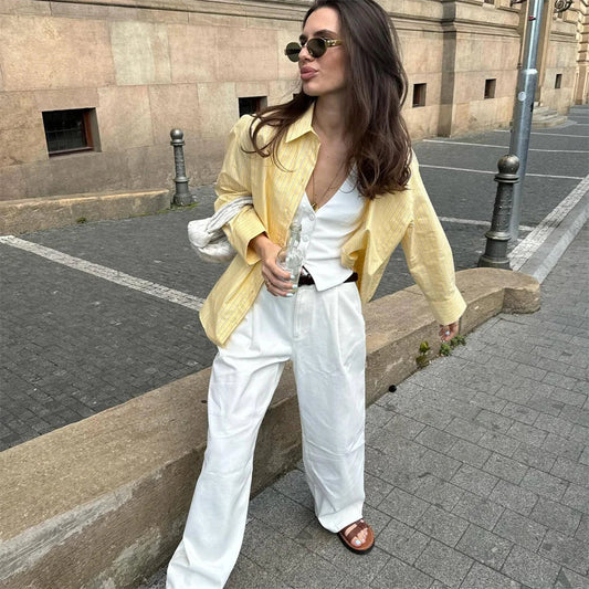 Striped Polo Collar Long Sleeve Blouse