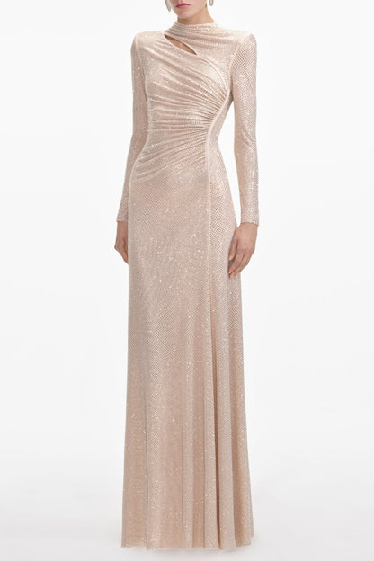 Tapac Rhinestone Cutout Mesh Maxi Dress - Apricot