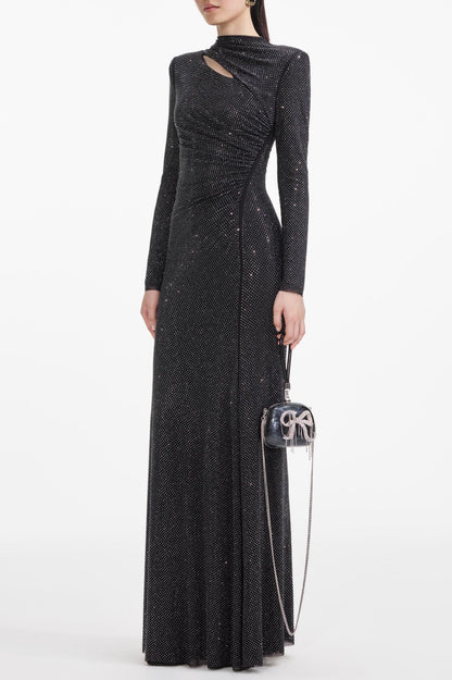 Tapac Rhinestone Cutout Mesh Maxi Dress - Black