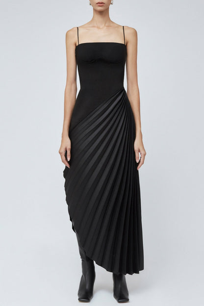 Taron Spaghetti Strap Asymmetric Pleat Maxi Dress