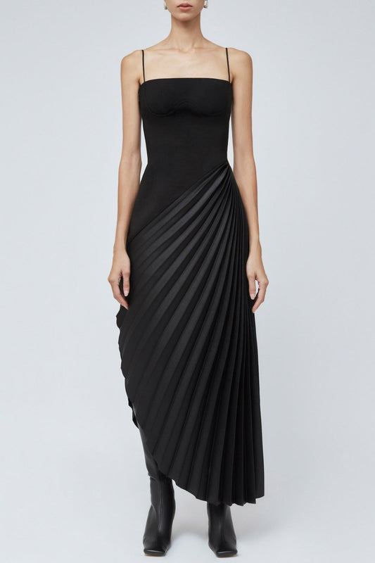 Taron Spaghetti Strap Asymmetric Pleat Maxi Dress
