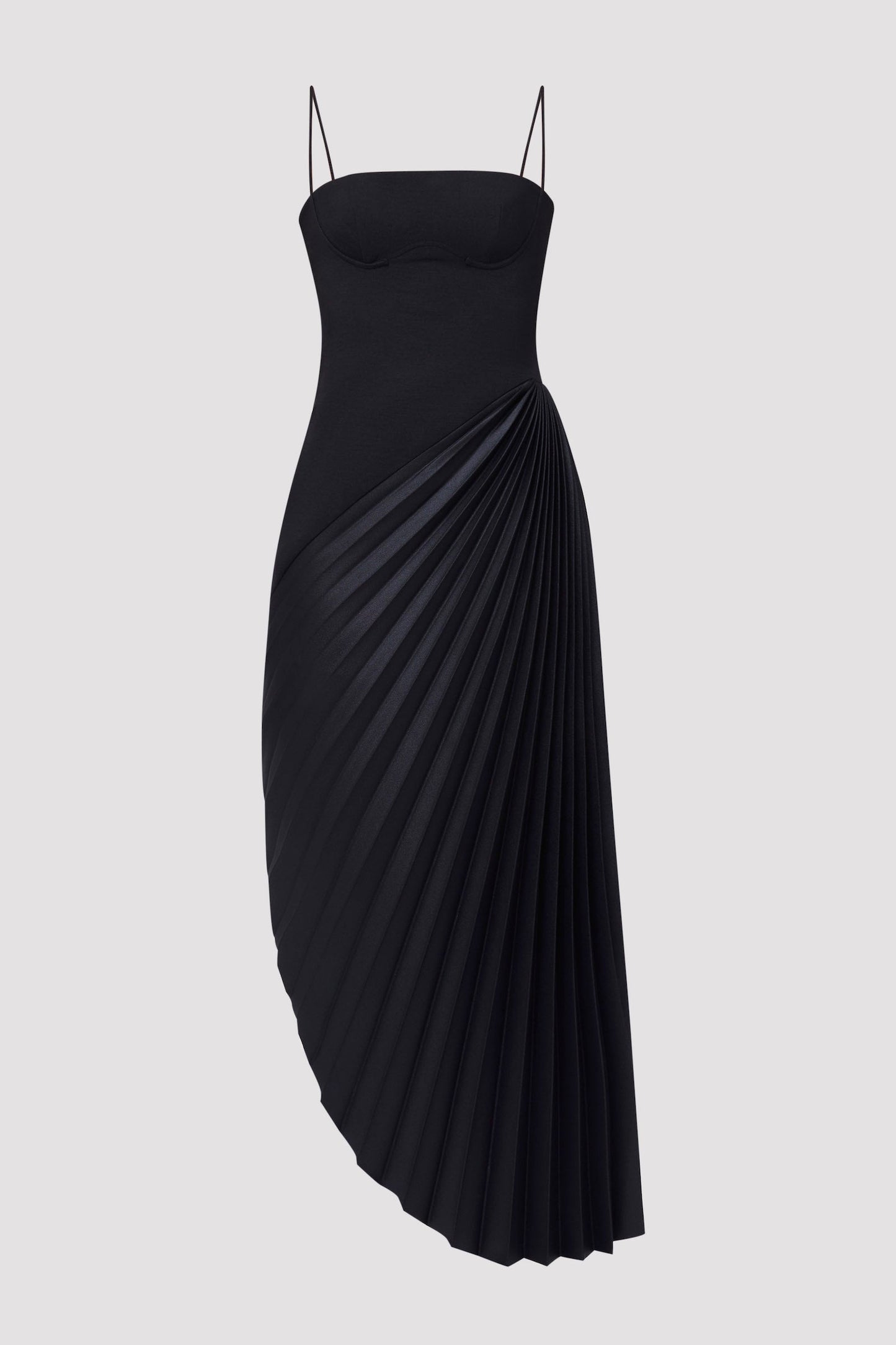 Taron Spaghetti Strap Asymmetric Pleat Maxi Dress