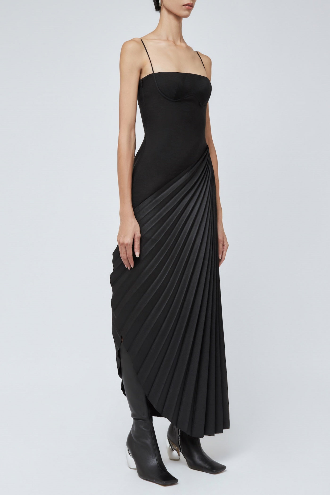 Taron Spaghetti Strap Asymmetric Pleat Maxi Dress