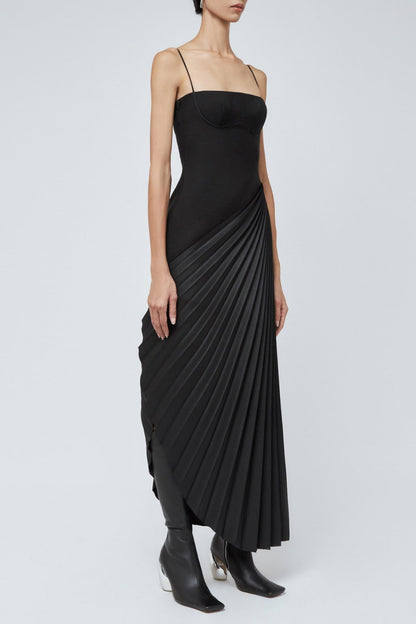 Taron Spaghetti Strap Asymmetric Pleat Maxi Dress