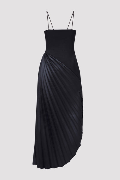 Taron Spaghetti Strap Asymmetric Pleat Maxi Dress