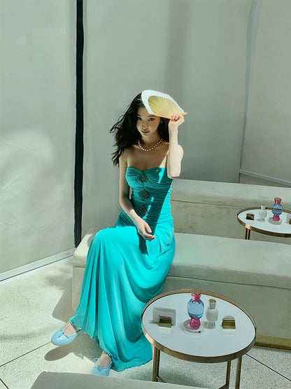 Teal Strapless Corset Maxi Dress Sophisticated & Slimming Vacation Look