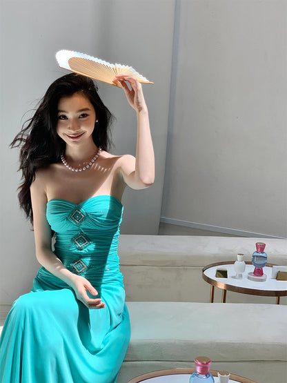 Teal Strapless Corset Maxi Dress Sophisticated & Slimming Vacation Look