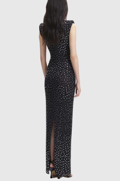 Teryl Rhinestone Embellished Cutout Mesh Maxi Dress