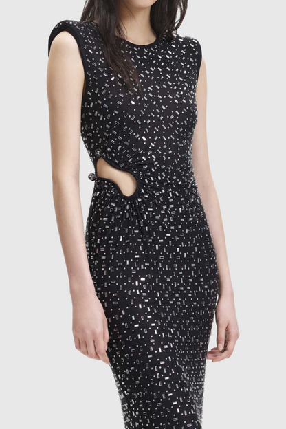 Teryl Rhinestone Embellished Cutout Mesh Maxi Dress