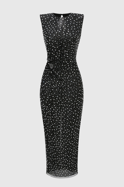 Teryl Rhinestone Embellished Cutout Mesh Maxi Dress