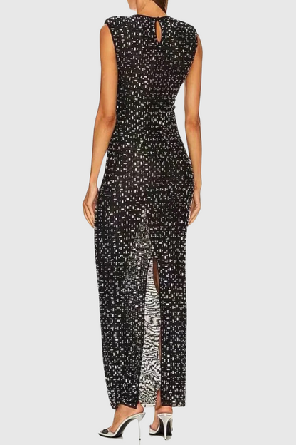 Teryl Rhinestone Embellished Cutout Mesh Maxi Dress