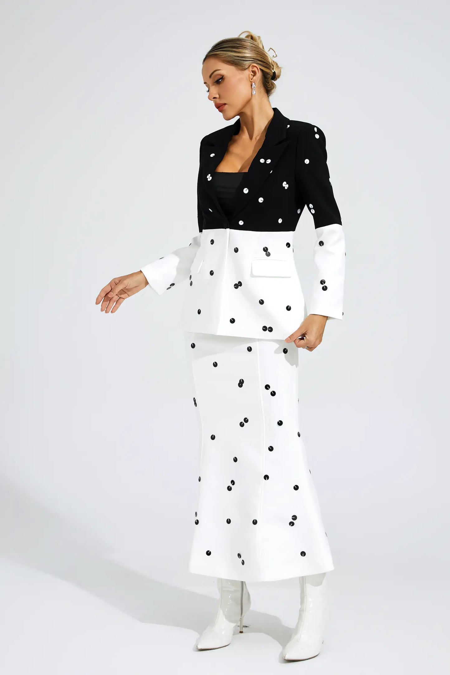 Theobald White Polka Dot Sequins Blazer Set