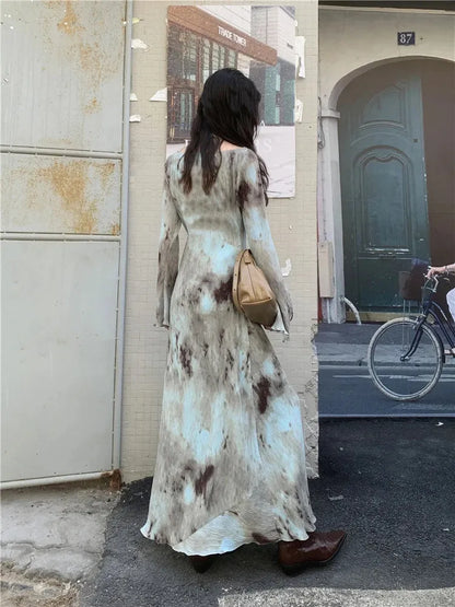 Bell Sleeve Crew Neck Abstract Tie-Dye Plisse Maxi Dress