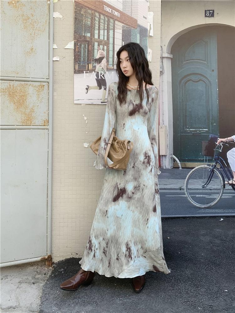Bell Sleeve Crew Neck Abstract Tie-Dye Plisse Maxi Dress