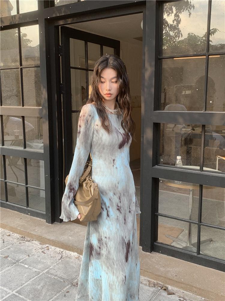 Bell Sleeve Crew Neck Abstract Tie-Dye Plisse Maxi Dress
