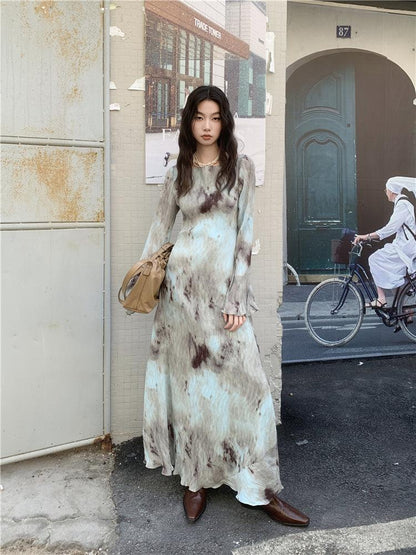 Bell Sleeve Crew Neck Abstract Tie-Dye Plisse Maxi Dress